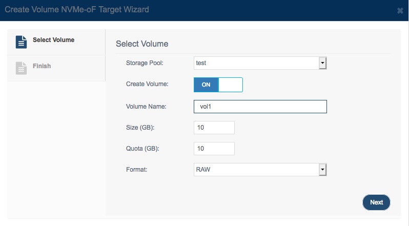 create volume
                nvme over fabrics target